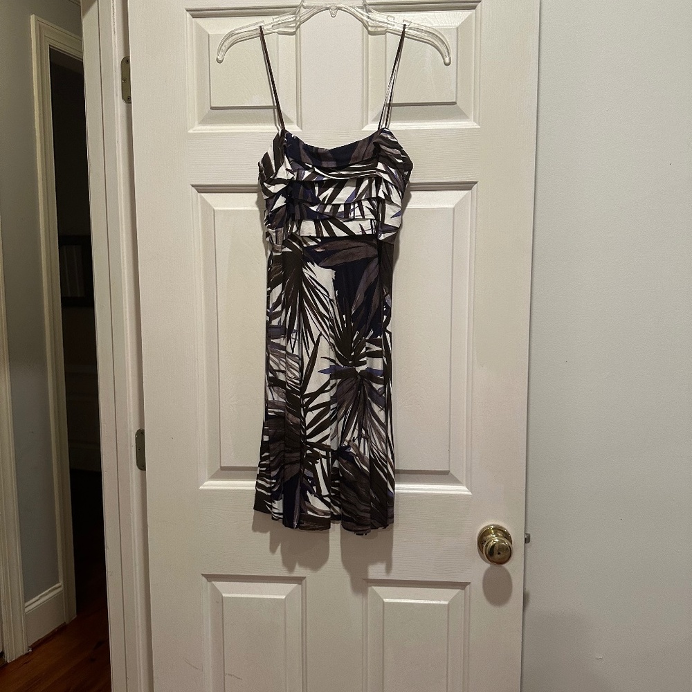 Cache Black and White Palm-Print Spaghetti Strap Mini Dress